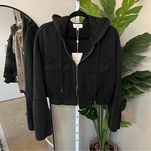 🖤 Böhme Black Cropped Utility Hoodie Jacket Sz L | Zip-Up Streetwear Layer